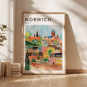 Poster di Norwich, stampa di viaggio in Inghilterra, arredamento britannico, poster di viaggio nel Regno Unito, regalo per Norwich, poster di viaggio a Norwich