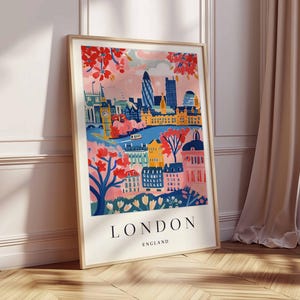 Peut inclure: Une illustration color&eacute;e de Londres, en Angleterre, avec des monuments embl&eacute;matiques comme Big Ben et le London Eye. L'image pr&eacute;sente une palette vibrante de rose, bleu, vert et jaune, avec un style fantaisiste. Le texte "LONDON" et "ENGLAND" est affich&eacute; en bas de l'image.
