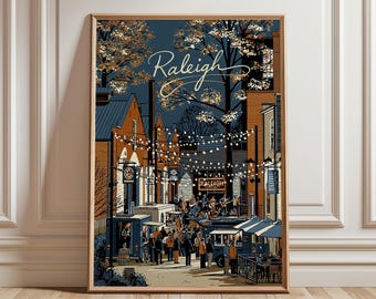 Raleigh Night Poster | String Light Street Print | NC Wall Art