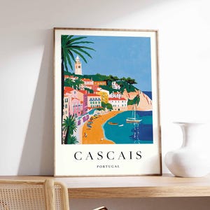 Póster de Cascais, Impresión de viaje a Portugal, Arte mural de la costa de Lisboa, Decoración costera portuguesa, Póster de la playa de Cascais, Arte costero europeo