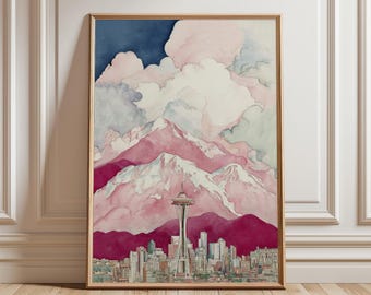 Seattle Space Needle Poster | Pink Mountain Cityscape | Skyline Print