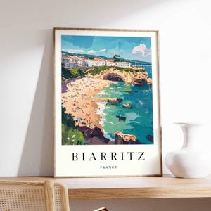 Póster de Biarritz, impresión de viaje a Francia, póster de ciudad costera, arte con vistas al océano Atlántico, decoración de un pueblo surfero, arte vasco francés, regalo de viaje a Francia