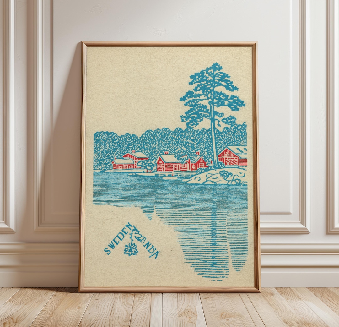 Vintage Sweden Poster Print | Scandinavian Lakeside Cabin Art | Nordic ...