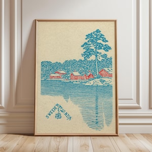 Vintage Sweden Poster Print | Scandinavian Lakeside Cabin Art | Nordic Travel Wall Decor