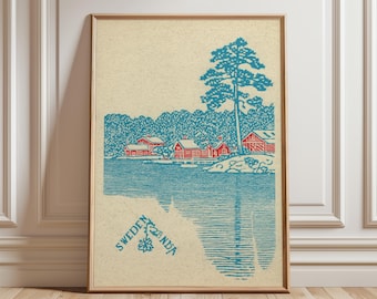 Vintage Sweden Poster Print | Scandinavian Lakeside Cabin Art | Nordic Travel Wall Decor