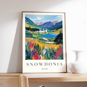 Pôster de Snowdonia, Impressão de viagem de Snowdonia, Pôster de viagem de Gales, Decoração galesa, Arte de viagem britânica, Impressão de campo, Arte de Snowdonia