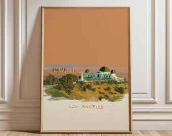May include: Framed art print featuring a vintage-style illustration of the Griffith Observatory in Los Angeles. The artwork showcases the observatory on a hillside, with the city skyline in the background. The text "LOS ANGELES" is at the bottom.
