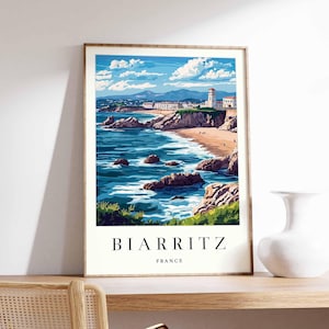 Póster de Biarritz, impresión de viaje a Francia, póster de ciudad costera, arte con vistas al océano Atlántico, decoración de un pueblo surfero, arte vasco francés, regalo de viaje a Francia