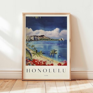 Honolulu Travel Poster: Waikiki Beach, Oahu Hawaii Print