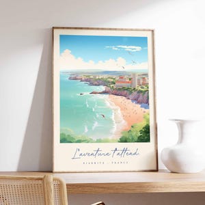 Póster de Biarritz, impresión de viaje a Francia, póster de ciudad costera, arte con vistas al océano Atlántico, decoración de un pueblo surfero, arte vasco francés, regalo de viaje a Francia