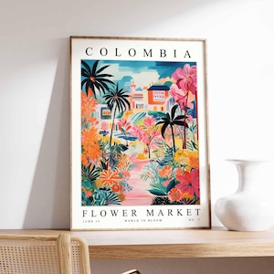 Kolumbien Blumenmarkt Poster, Kolumbien Druck, kolumbianische Blumenwandkunst, Kolumbien Blumendekor, botanischer Druck, Südamerika Reisekunst