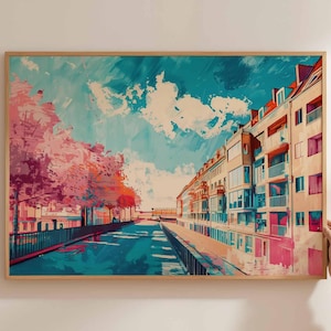 Düsseldorf poster, Duitsland reisprint, Duitse stad muurkunst, Rijn decor, Düsseldorf reiskunst, Europese stadsgezicht print