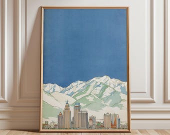 Salt Lake City Skyline Poster | Blue Sky Wasatch Mountains Art | Utah Cityscape Print