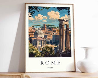 May include: A vintage travel poster featuring a colorful illustration of the city of Rome, Italy. The poster features a view of the Roman Forum with the Colosseum in the background. The text "ROME" and "ITALY" is printed in black at the bottom of the poster.