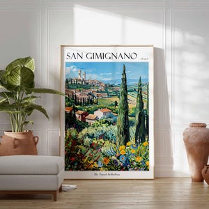 May include: A vintage travel poster featuring a colorful illustration of San Gimignano, Italy. The poster depicts a picturesque view of the town's medieval towers and surrounding countryside. The text "SAN GIMIGNANO ITALY" is printed at the top of the poster.