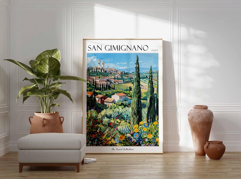 May include: A vintage travel poster featuring a colorful illustration of San Gimignano, Italy. The poster depicts a picturesque view of the town's medieval towers and surrounding countryside. The text "SAN GIMIGNANO ITALY" is printed at the top of the poster.