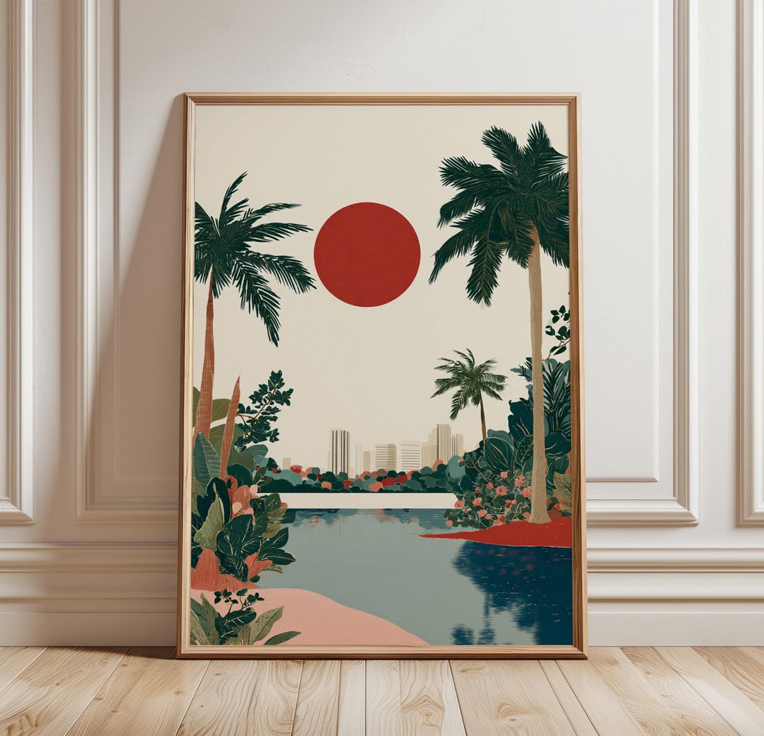 Miami Tree Posters Examples Miami Sunset Lagoon Poster | Palm Trees and Skyline | Florida Coastal ...