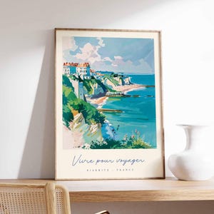 Póster de Biarritz, impresión de viaje a Francia, póster de ciudad costera, arte con vistas al océano Atlántico, decoración de un pueblo surfero, arte vasco francés, regalo de viaje a Francia