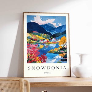 Pôster de Snowdonia, Impressão de viagem de Snowdonia, Pôster de viagem de Gales, Decoração galesa, Arte de viagem britânica, Impressão de campo, Arte de Snowdonia