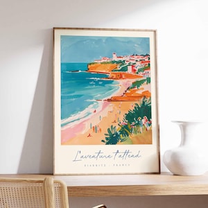 Póster de Biarritz, impresión de viaje a Francia, póster de ciudad costera, arte con vistas al océano Atlántico, decoración de un pueblo surfero, arte vasco francés, regalo de viaje a Francia