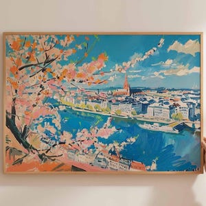 Düsseldorf poster, Duitsland reisprint, Duitse stad muurkunst, Rijn decor, Düsseldorf reiskunst, Europese stadsgezicht print
