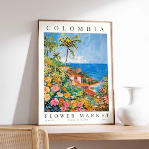 Kolumbien Blumenmarkt Poster, Kolumbien Druck, kolumbianische Blumenwandkunst, Kolumbien Blumendekor, botanischer Druck, Südamerika Reisekunst