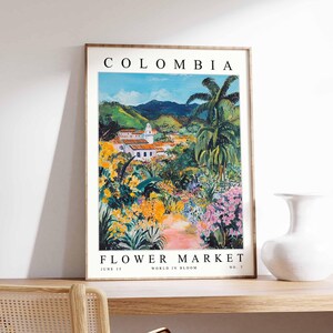 Kolumbien Blumenmarkt Poster, Kolumbien Druck, kolumbianische Blumenwandkunst, Kolumbien Blumendekor, botanischer Druck, Südamerika Reisekunst
