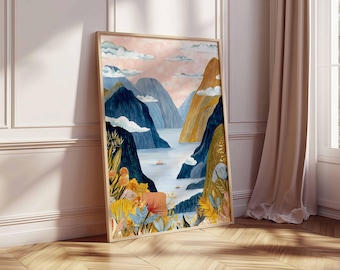 New Zealand Travel Poster: Milford Sound Landscape Art Print