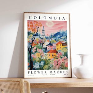 Kolumbien Blumenmarkt Poster, Kolumbien Druck, kolumbianische Blumenwandkunst, Kolumbien Blumendekor, botanischer Druck, Südamerika Reisekunst