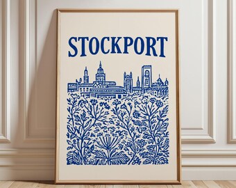 Stockport Travel Print | Blue Two Tone Cityscape Wall Art | Botanical England Poster