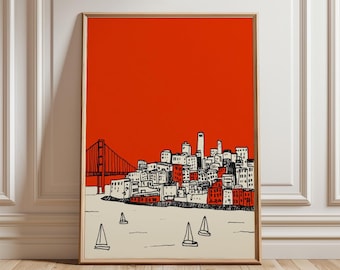 Red San Francisco Skyline Poster | Modern Golden Gate Bridge Print | Minimalist City Art