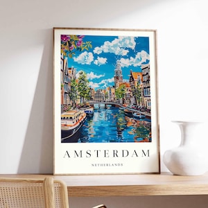 Amsterdam Poster, Amsterdam Canal Print, Netherlands Travel Poster, Dutch City Wall Art, Bicycle Print, European City Decor