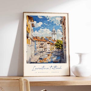 Póster de La Rochelle, impresión de viaje a Francia, impresión de ciudad portuaria, decoración de pueblo costero, arte con vista al mar, póster de ciudad marítima, regalo de viaje a Francia