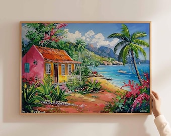 Può includere: Dipinto incorniciato di una scena di spiaggia tropicale. Una casa rosa e gialla con tetto arancione si trova sulla riva, circondata da vegetazione e fiori. L'oceano è blu, con barche e palme. Il dipinto è in una cornice di legno.