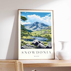 Pôster de Snowdonia, Impressão de viagem de Snowdonia, Pôster de viagem de Gales, Decoração galesa, Arte de viagem britânica, Impressão de campo, Arte de Snowdonia