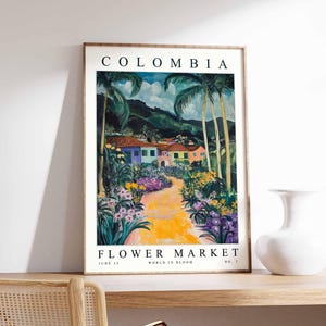 Kolumbien Blumenmarkt Poster, Kolumbien Druck, kolumbianische Blumenwandkunst, Kolumbien Blumendekor, botanischer Druck, Südamerika Reisekunst