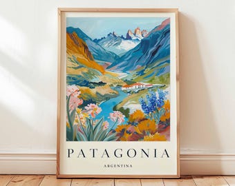 Op de afbeelding: Een ingelijste kunstdruk van een schilderachtig landschap in Patagonië, Argentinië. Het kunstwerk toont een rivier die door een vallei kronkelt, met bergen op de achtergrond. De print bevat het woord "PATAGONIA" en "ARGENTINA" in een schreefletter.