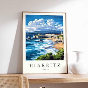 Póster de Biarritz, impresión de viaje a Francia, póster de ciudad costera, arte con vistas al océano Atlántico, decoración de un pueblo surfero, arte vasco francés, regalo de viaje a Francia