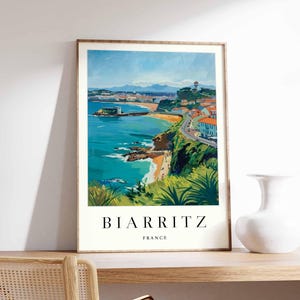 Póster de Biarritz, impresión de viaje a Francia, impresión de playa, arte mural de la costa vasca, impresión de surf, decoración costera europea, regalo de viaje a Francia