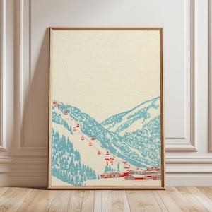 Póster de telesilla de montaña / Lámina de teleférico alpino / Arte mural de paisaje de estación de nieve / Decoración minimalista de viaje de invierno
