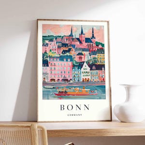 Cartaz de Bonn, Impressão de viagem pela Alemanha, Arte de parede da Renânia do Norte-Vestfália, Decoração de cidade alemã, Impressão do rio Reno, Presente de viagem pela Europa, Arte de Bonn