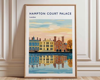 May include: Framed art print featuring Hampton Court Palace in London. The artwork depicts the palace with its reflection in the water, under a colorful sky. The print is in a wooden frame and is displayed on a wall.