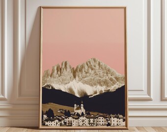 Cortina d'Ampezzo Poster | Dolomites Pink Sky Print | Italy Alpine Village Wall Art