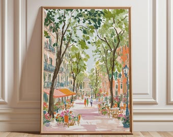 Barcelona Reise Poster | La Rambla Straßenszene Kunst | Warmes Grün und Terrakotta Druck
