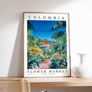 Kolumbien Blumenmarkt Poster, Kolumbien Druck, kolumbianische Blumenwandkunst, Kolumbien Blumendekor, botanischer Druck, Südamerika Reisekunst