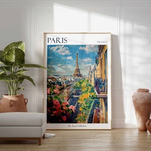 Pode incluir: Um cartaz de viagem vintage com uma ilustra&ccedil;&atilde;o colorida da Torre Eiffel em Paris, Fran&ccedil;a. O cartaz tem o texto "PARIS" e "FRANCE" no topo e "The Travel Collection" na parte inferior.