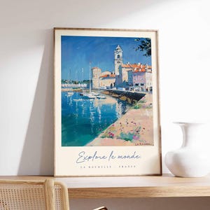 Póster de La Rochelle, impresión de viaje a Francia, impresión de ciudad portuaria, decoración de pueblo costero, arte con vista al mar, póster de ciudad marítima, regalo de viaje a Francia