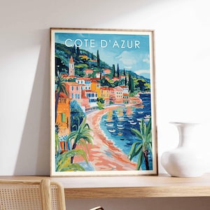 Póster de la Costa Azul, impresión de la Costa Azul, arte mural de la Costa Azul, póster de viaje de Francia, decoración de la Costa Azul, impresión artística del Mediterráneo