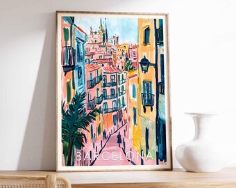 Kunstdruk straatbeeld Barcelona: reisposter Spanje