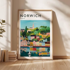 Poster di Norwich, stampa di viaggio in Inghilterra, arredamento britannico, poster di viaggio nel Regno Unito, regalo per Norwich, poster di viaggio a Norwich